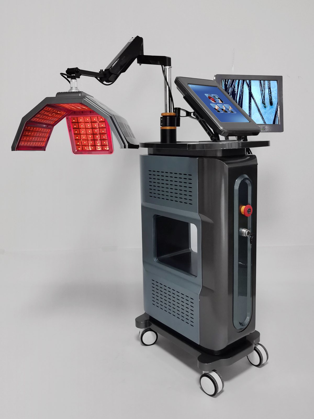 laser hair growth machine side view showing electric lifting rod and robotic arm